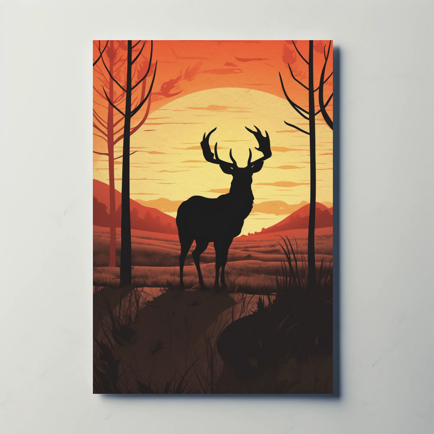 Sunset Forest Silhouette Deer Landscape Vintage Travel Poster