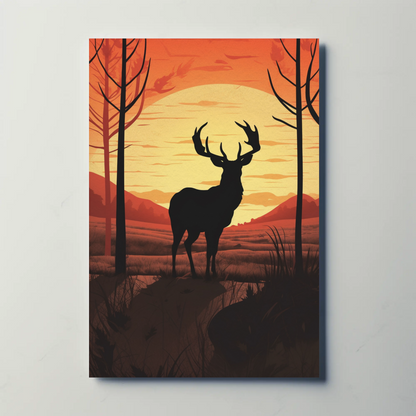 Sunset Forest Silhouette Deer Landscape Vintage Travel Poster