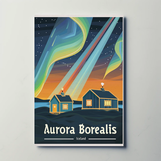 Aurora Borealis Iceland Vintage Travel Poster - Northern Lights