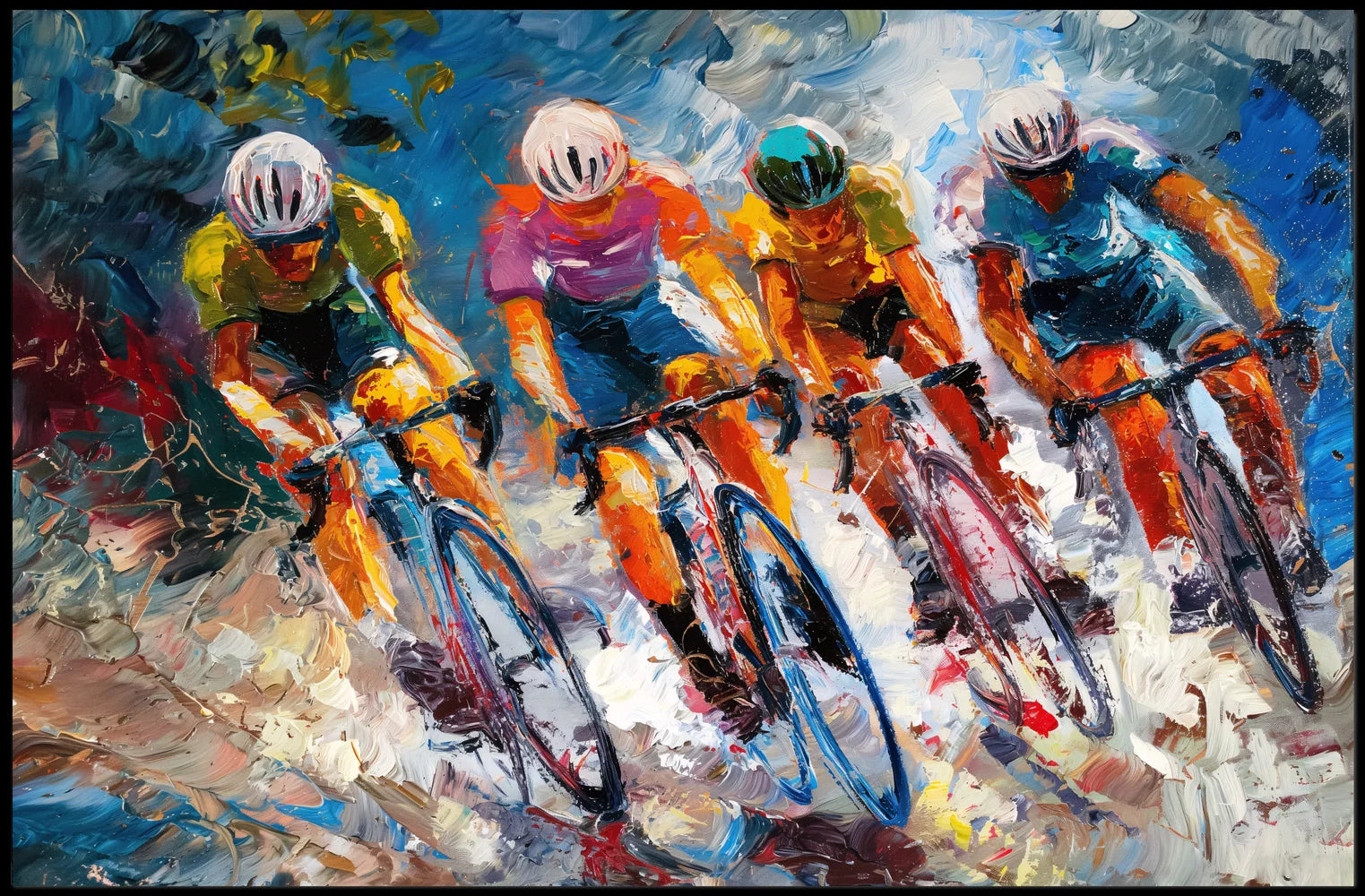 Dynamic Cyclists Racing Impressionistic Art Poster Print