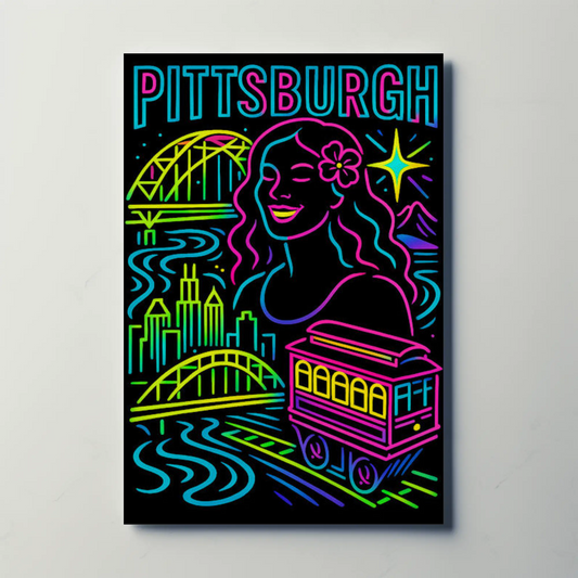 Pittsburgh Neon Bridge Trolley Skyline Travel Poster