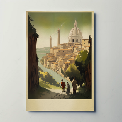 Hilltop Cityscape By The River In Italy Travel Poster