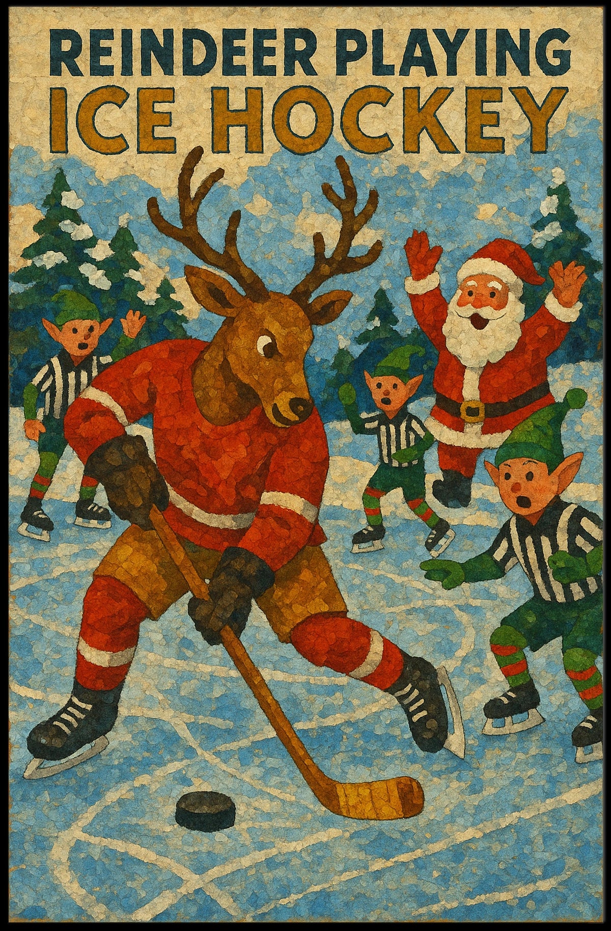 Whimsical Holiday Reindeer Playing Hockey Sports Poster