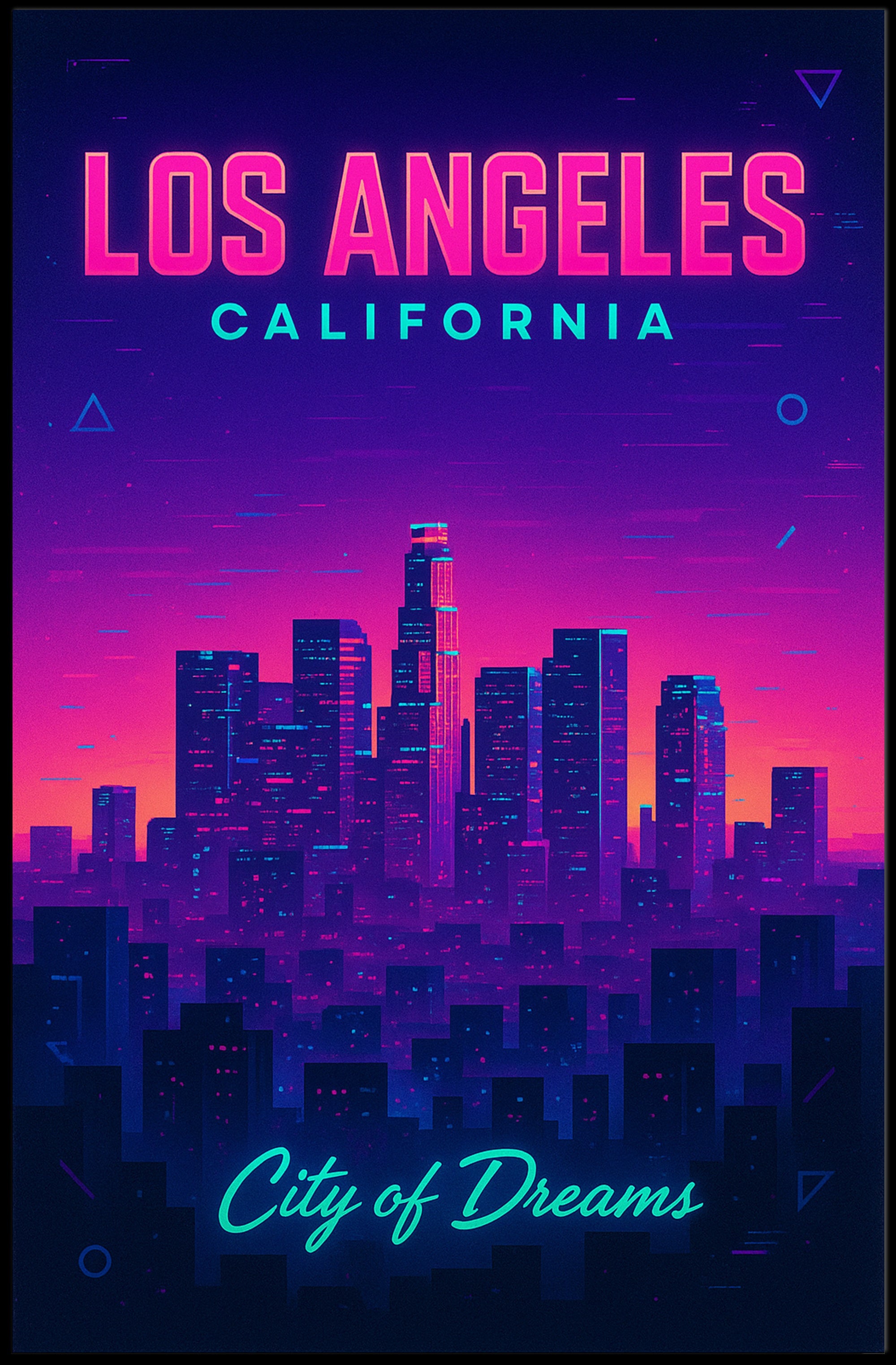 Neon Los Angeles Skyline Retro-Futuristic Urban or Cityscape Poster