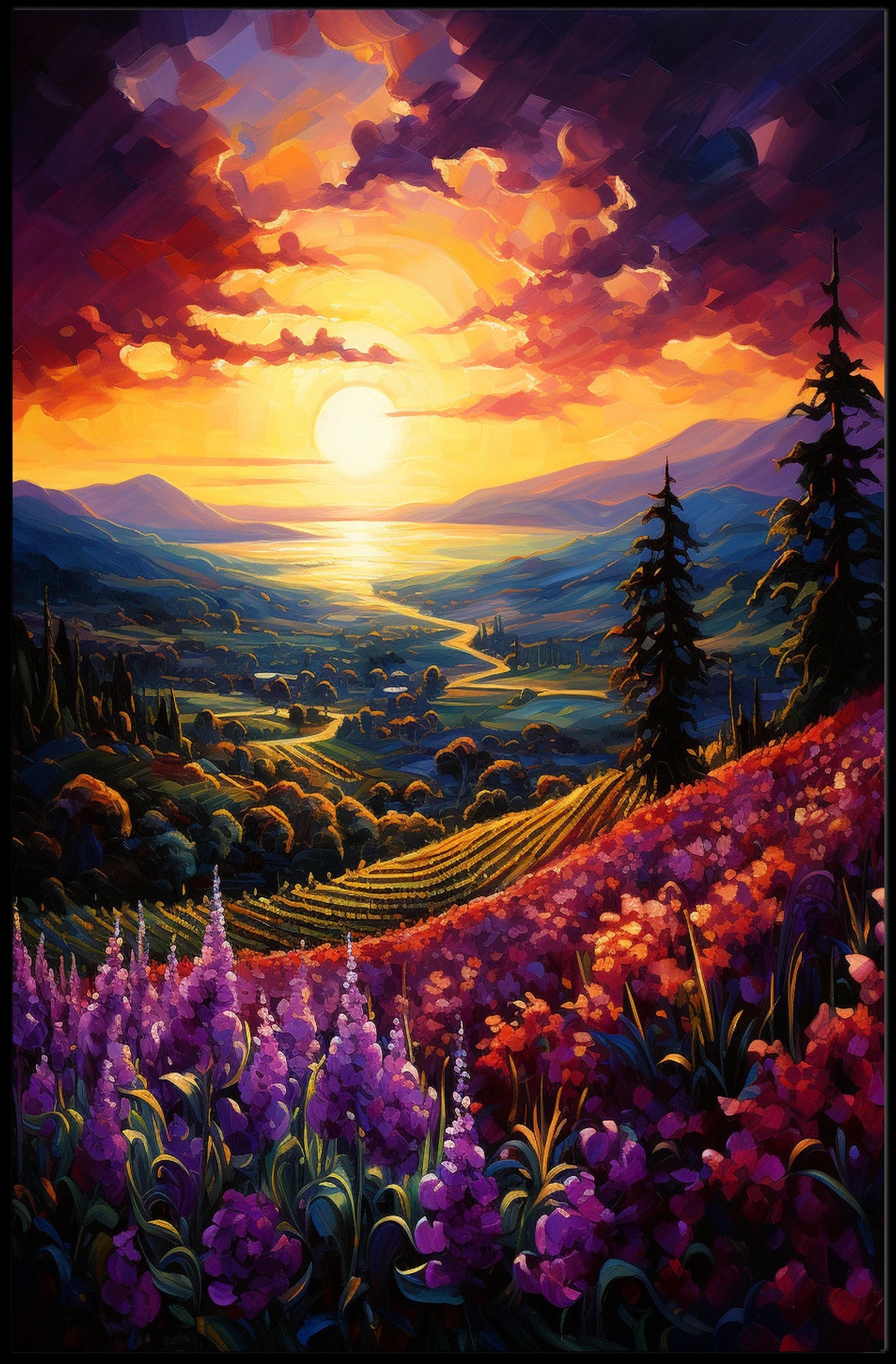 Vibrant Sunset Over Idyllic Countryside Landscape - Artistic Poster