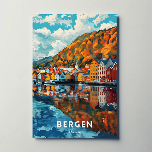 Bergen Norway Scenic Waterfront Autumn Travel Poster