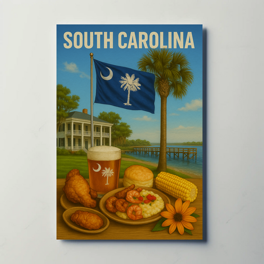 South Carolina Shrimp Grits Palmetto Flag Travel Poster