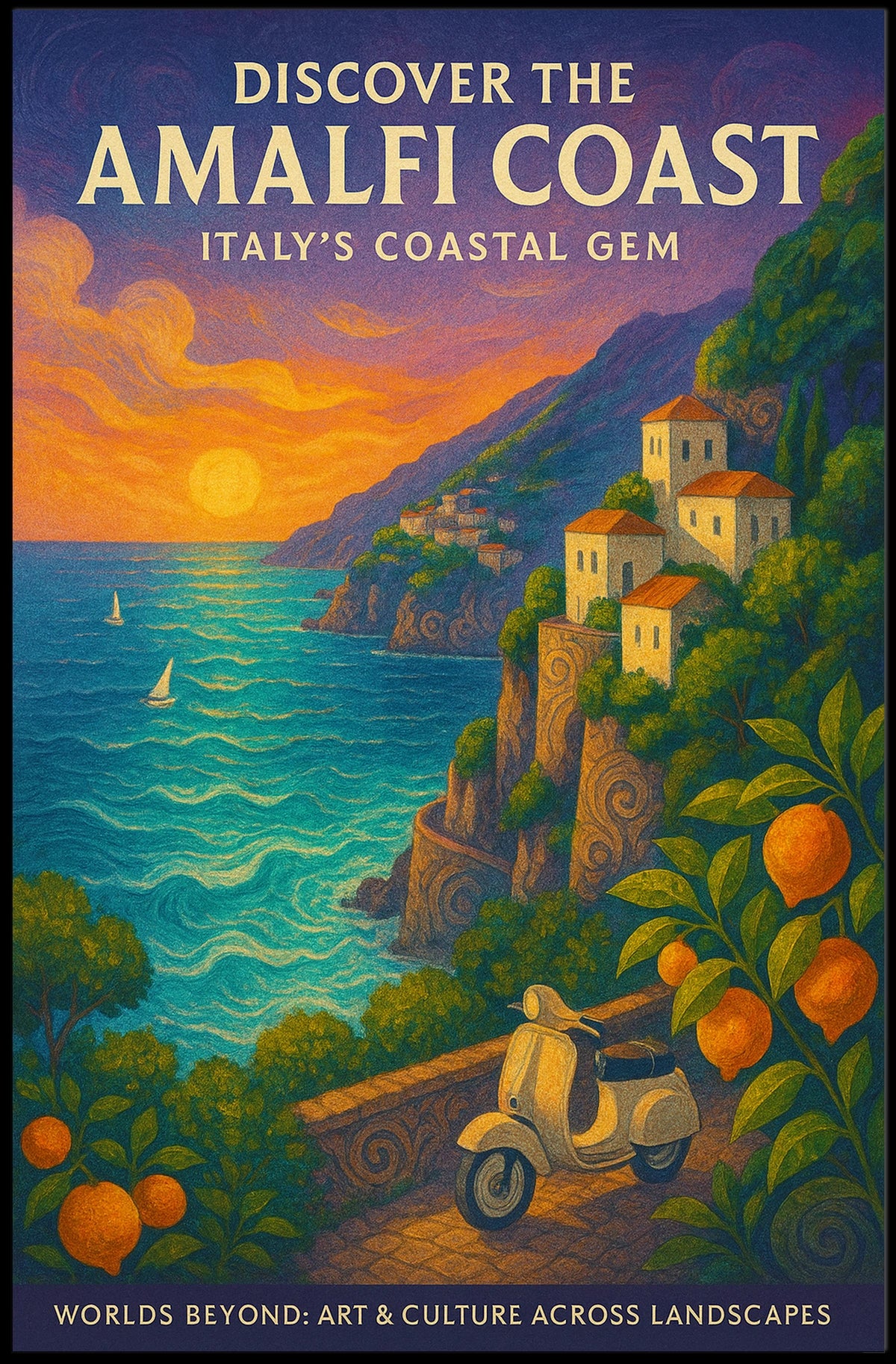 Amalfi Coast Vintage Travel Poster: Scenic Sunset Art