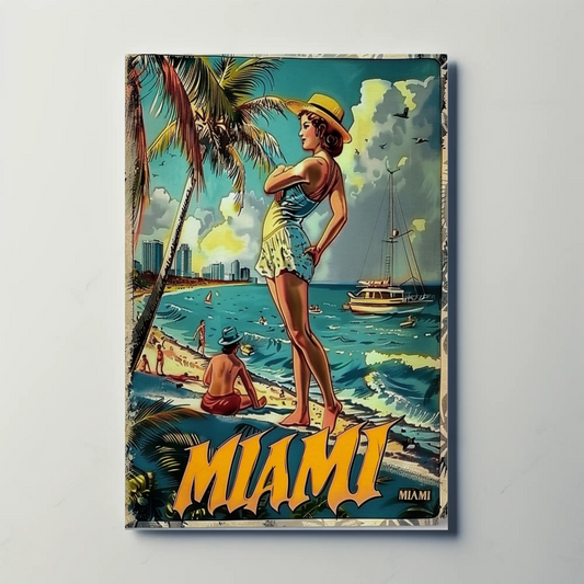 Miami Vintage Beach Scene Palm Trees Skyline Travel Poster