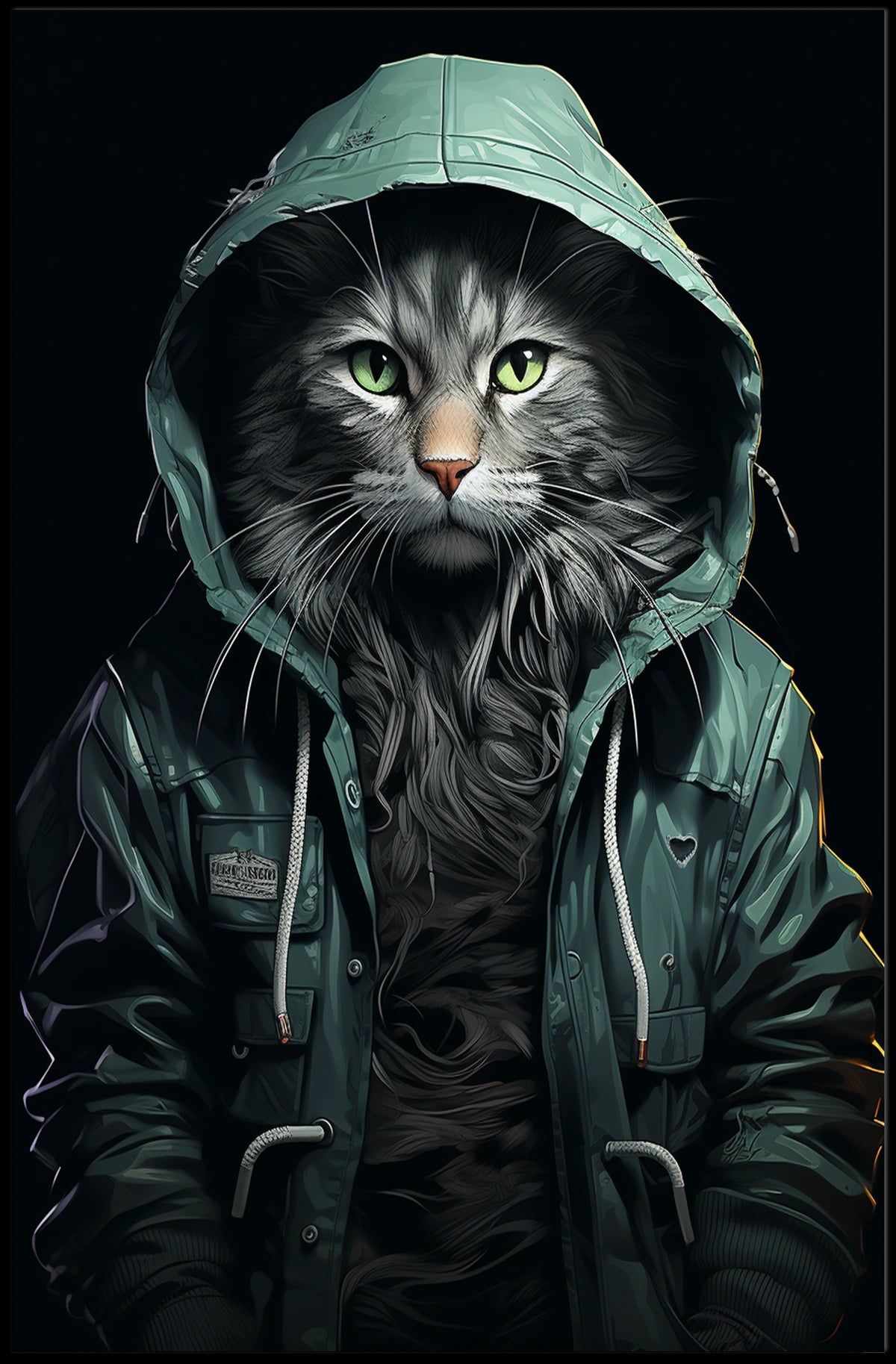 Cat in Teal Jacket Photorealistic Art Poster