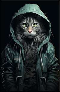 Cat in Teal Jacket Photorealistic Art Poster