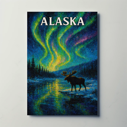 Alaska Aurora Borealis Moose Night Sky Travel Poster