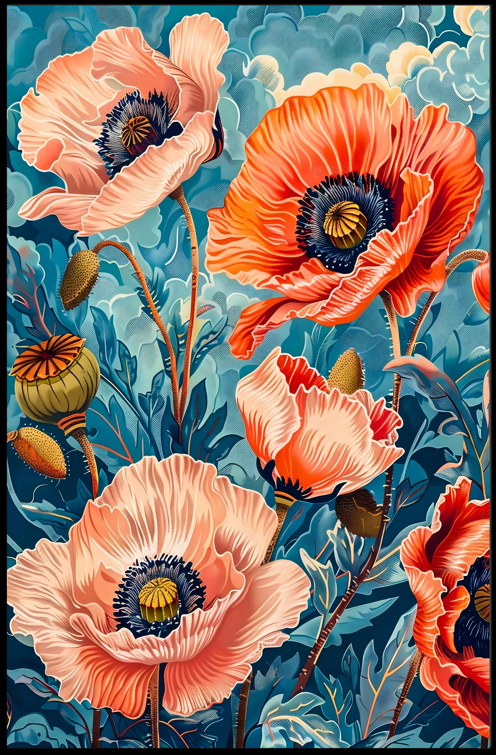 Vibrant Poppy Botanical Art with Vintage Flair Poster