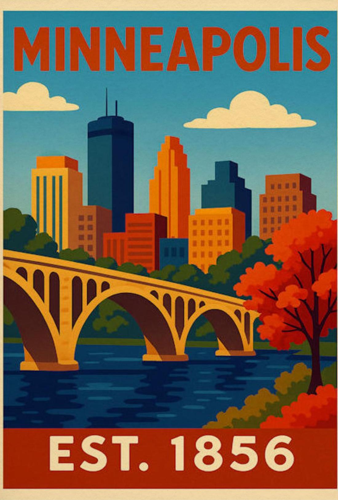 Minneapolis Autumn River Bridge View Vintage Travel Poster