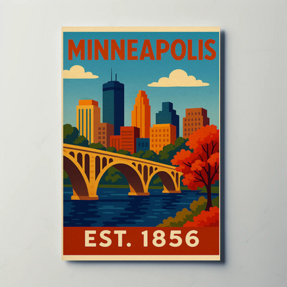 Minneapolis Autumn River Bridge View Vintage Travel Poster