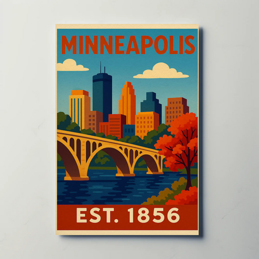 Minneapolis Autumn River Bridge View Vintage Travel Poster