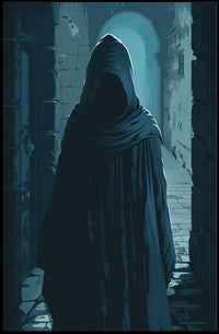 Mysterious Cloaked Figure in Gothic Stone Corridor PosterGoat