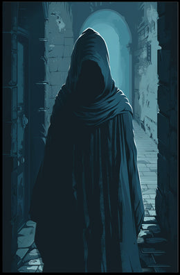 Mysterious Cloaked Figure in Gothic Stone Corridor PosterGoat