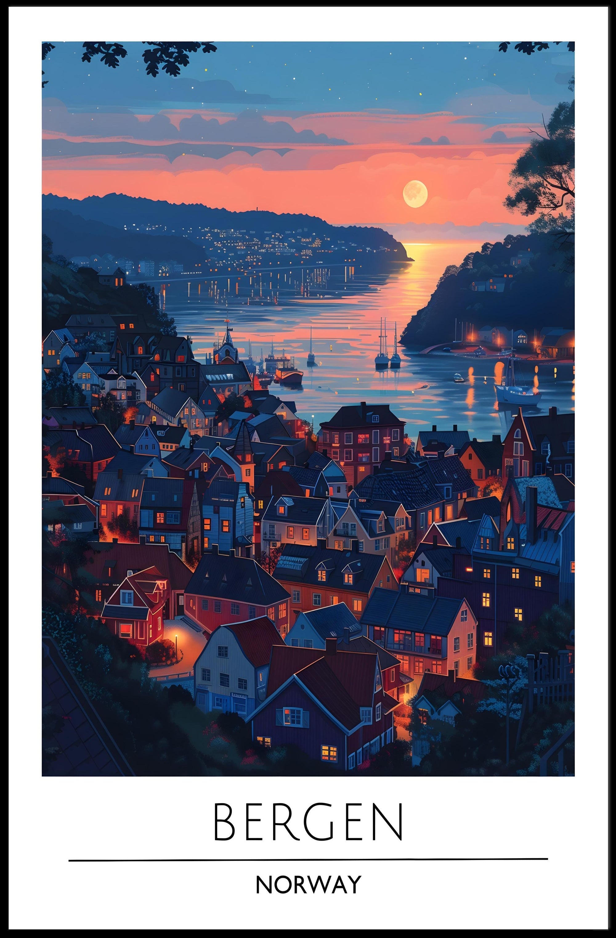 Bergen Sunset View Travel Poster