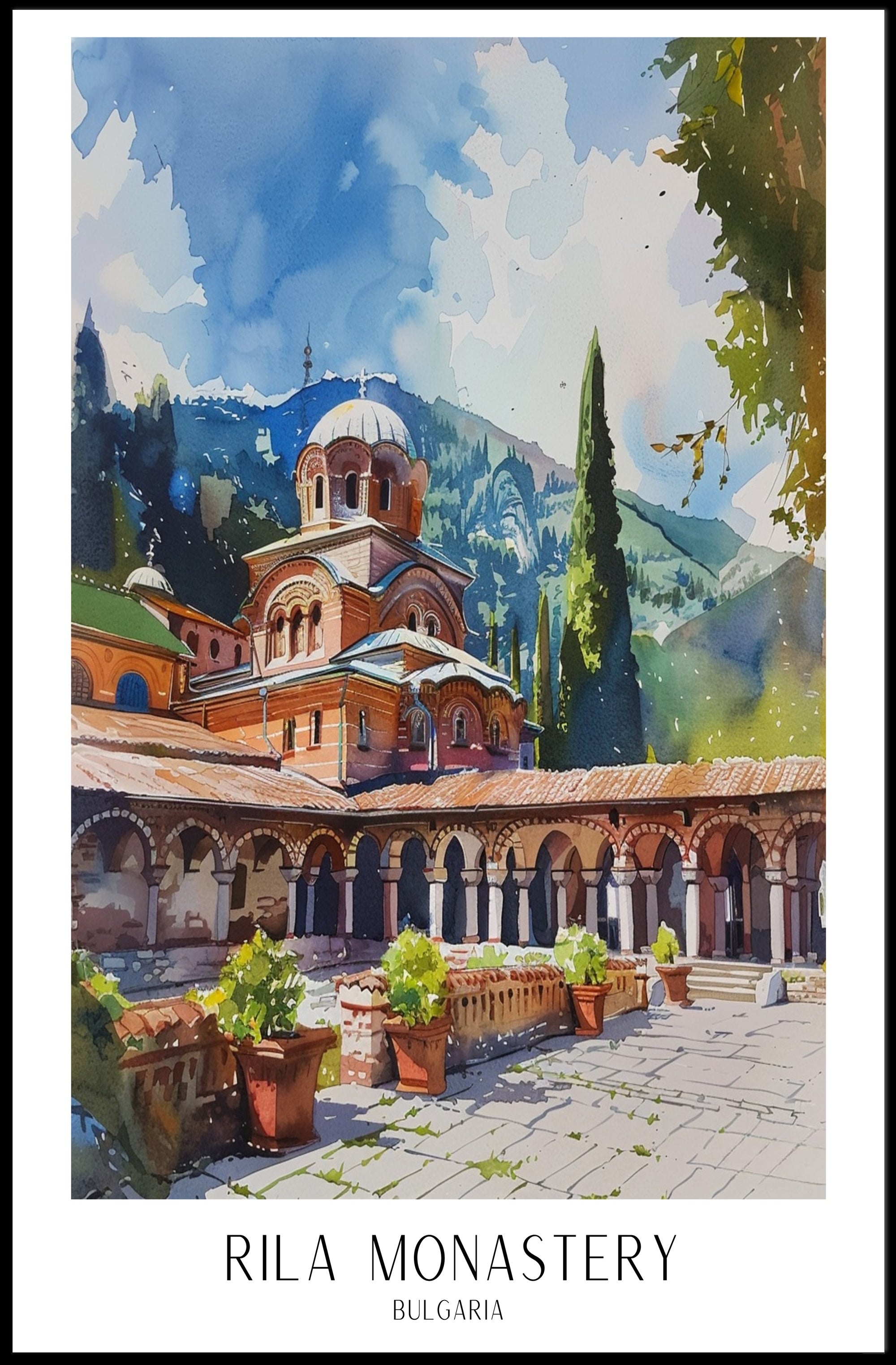 Rila Monastery in Watercolor: Cultural Heritage Poster PosterGoat