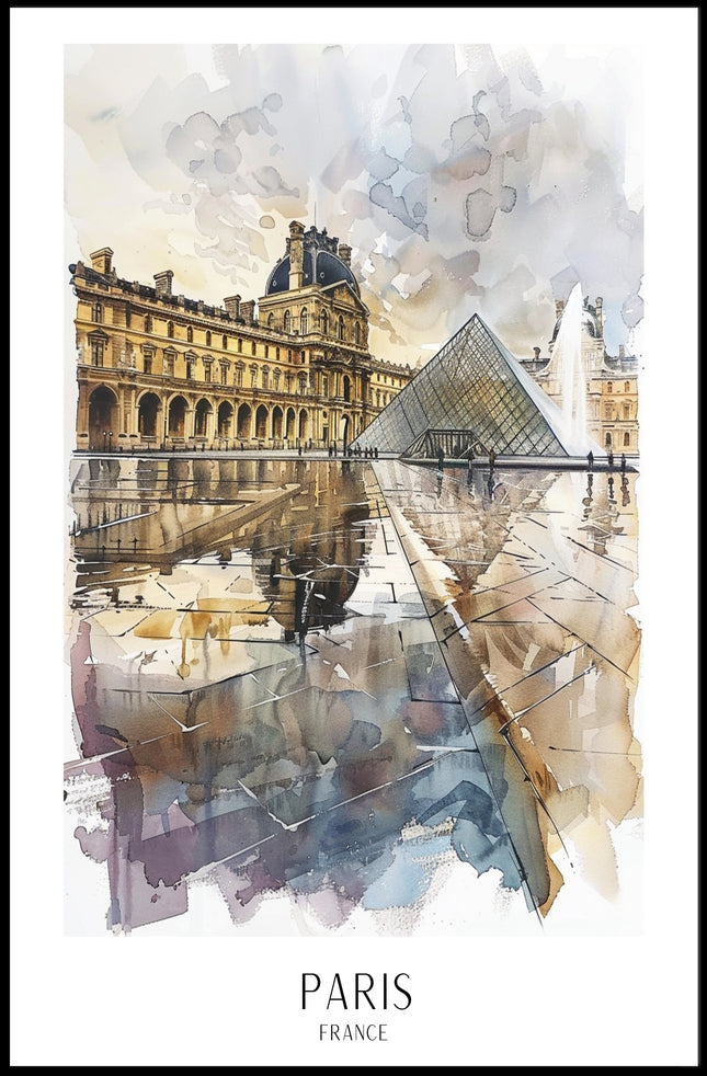 Louvre Museum Paris Watercolor Illustration Urban or Cityscape Poster
