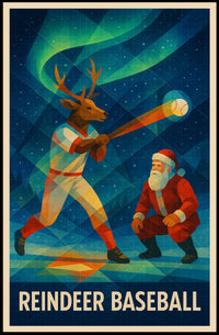 Reindeer Baseball Scene Under Northern Lights - Fantasy or Mythology Poster