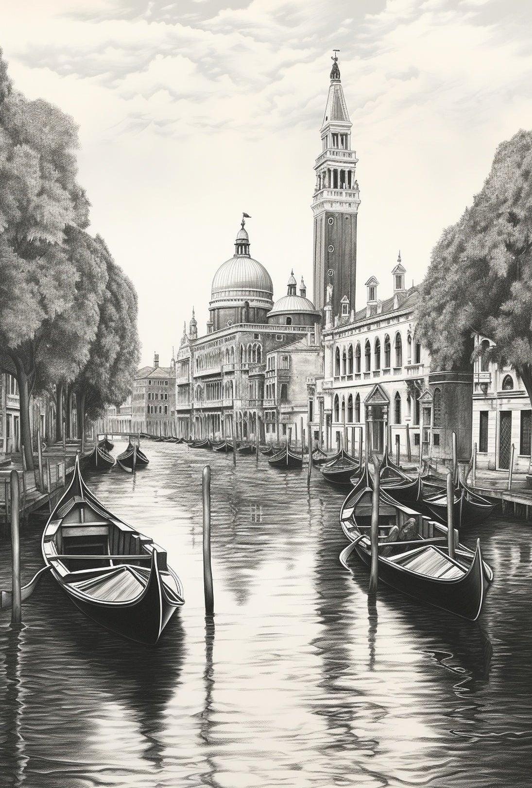 Venetian Canal Scene Monochrome Cultural or Heritage Poster