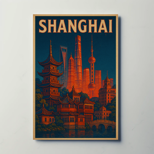Shanghai Skyline and Pagodas Night Poster