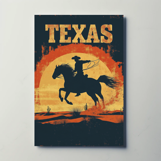 Texas Cowboy Sunset Vintage Travel Poster