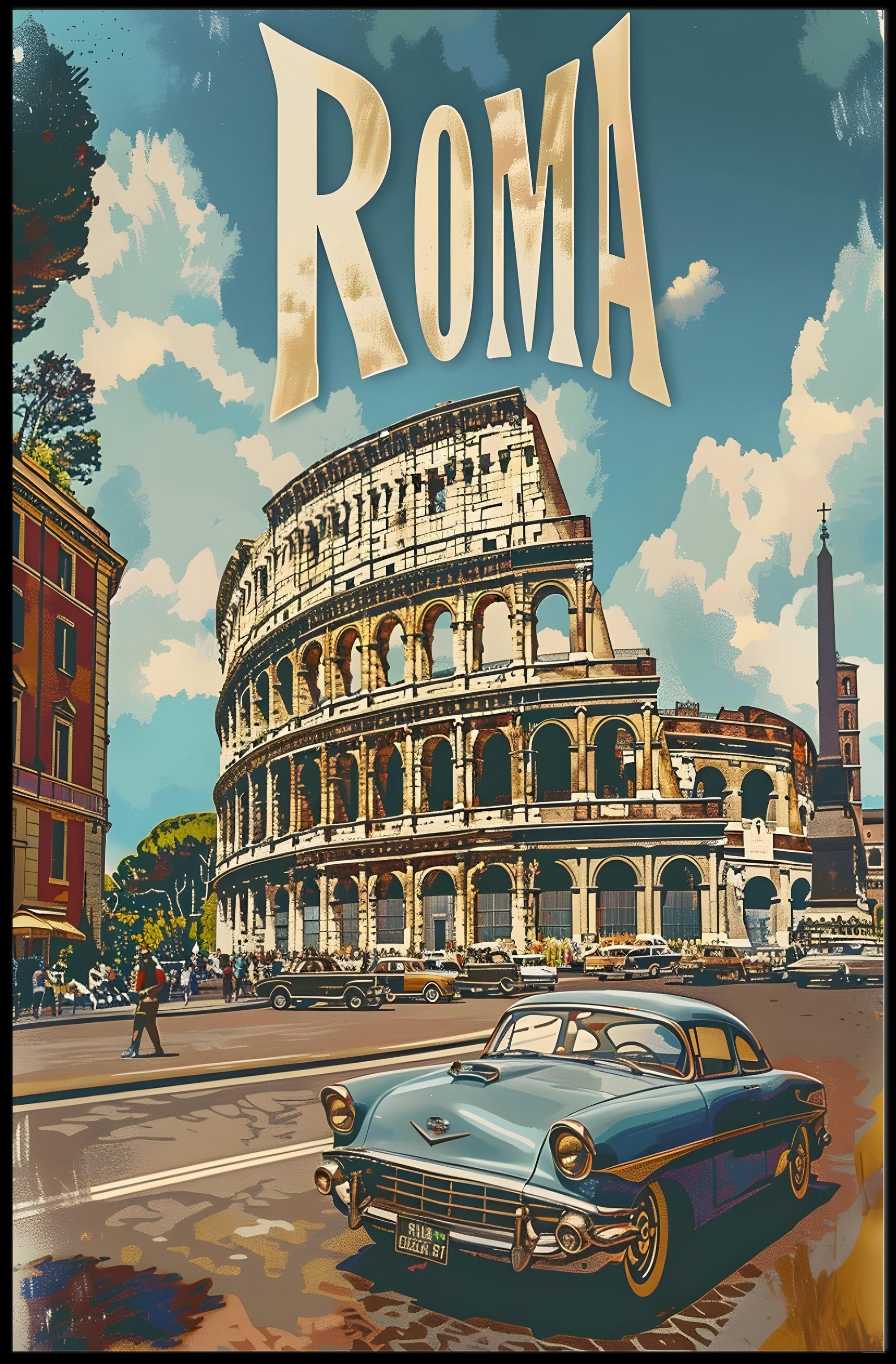 Vintage Rome Colosseum Scene with Classic Car Travel Poster