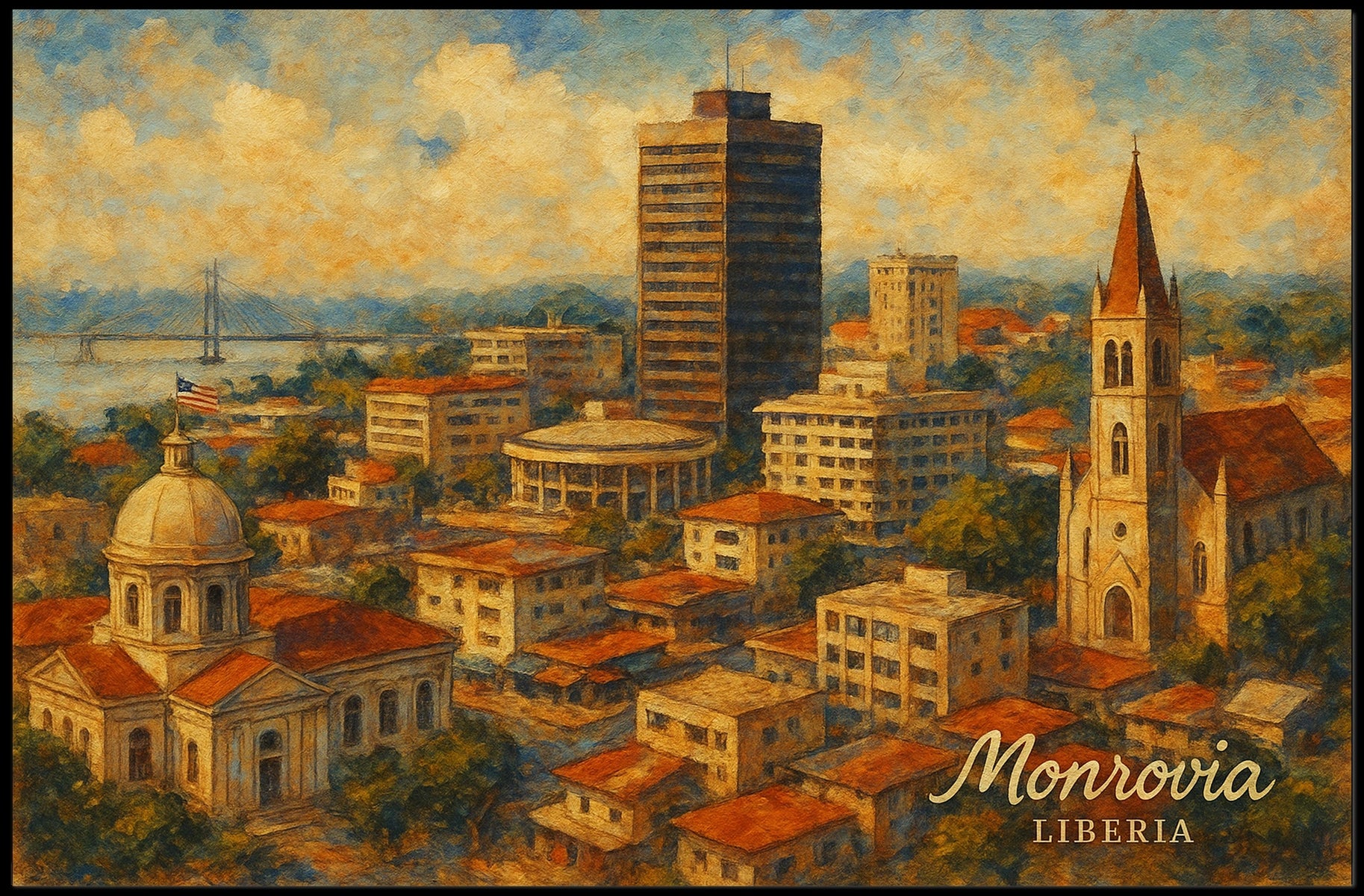 Monrovia Liberia African Cityscape Digital Painting Vibrant Cultural Heritage Travel Poster