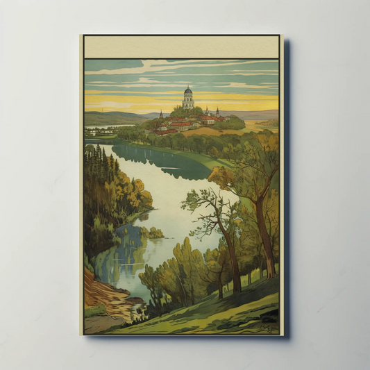 European Hilltop Monastery River Panorama Travel Poster