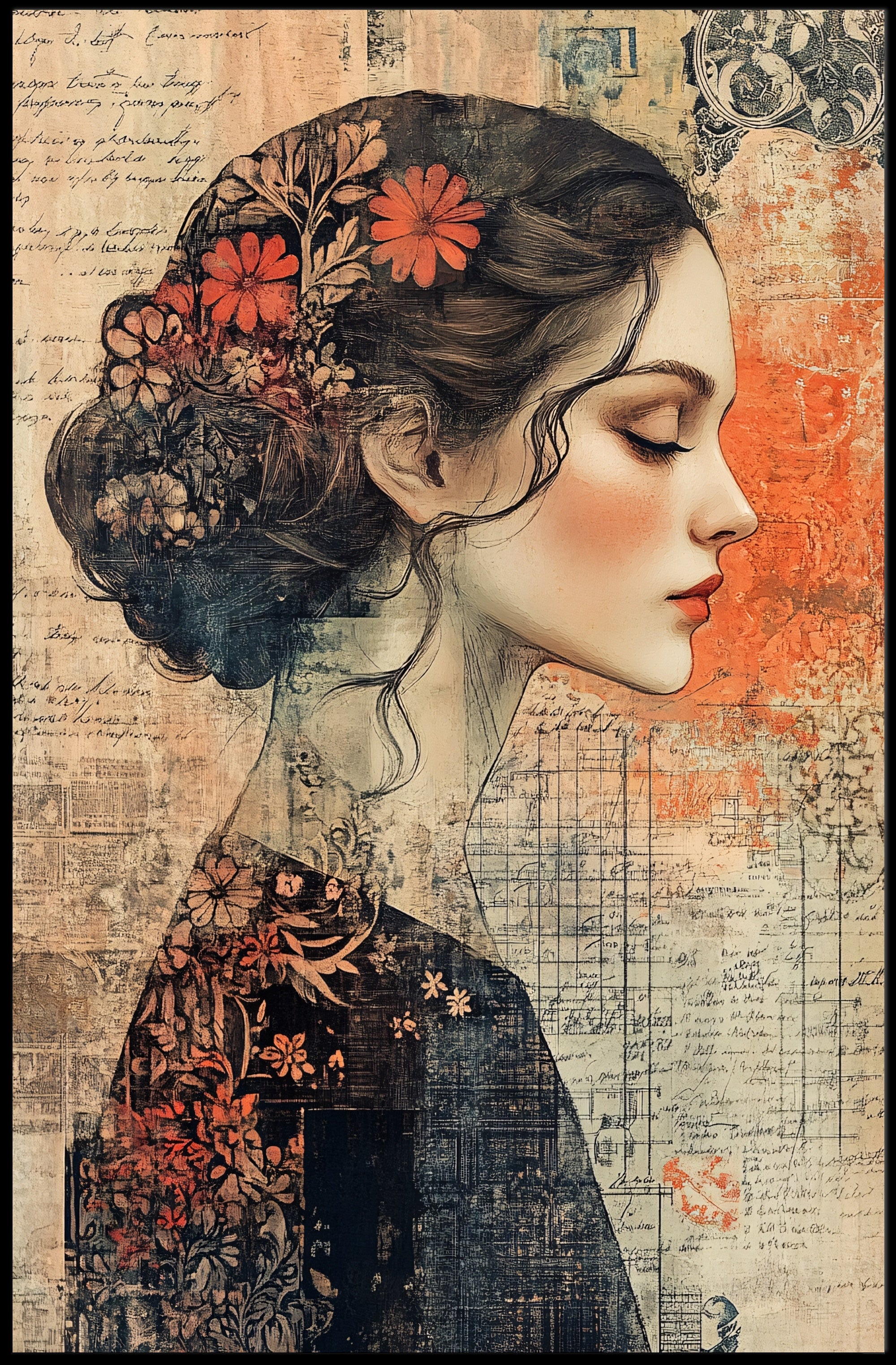 Elegant Woman's Profile with Floral Elements - Artistic Poster