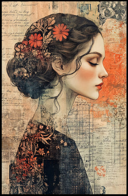 Elegant Woman's Profile with Floral Elements - Artistic Poster