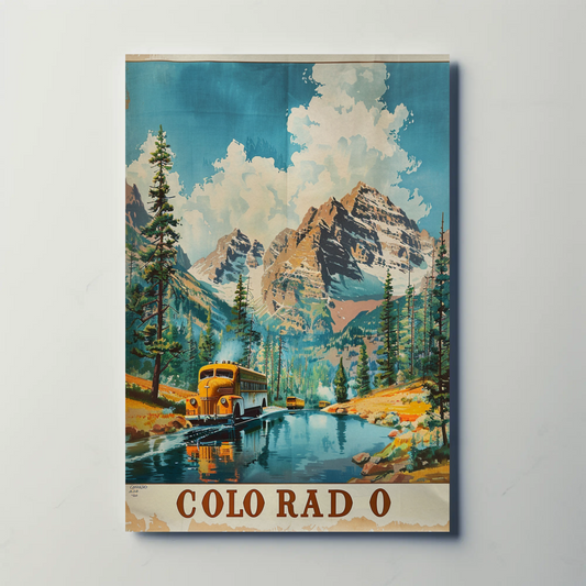 Colorado Rocky Mountains Forest Bus River Travel Poster