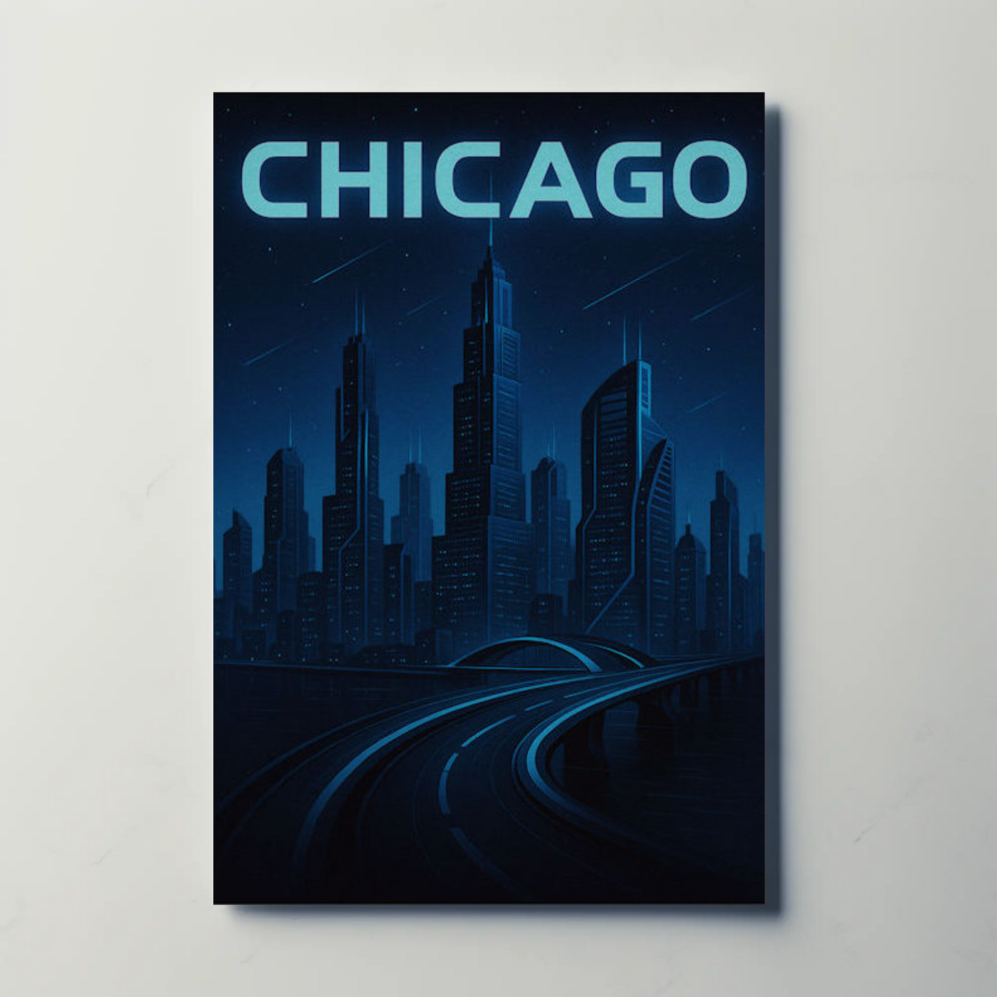 Chicago Futuristic Night Cityscape Blue Lights Travel Poster
