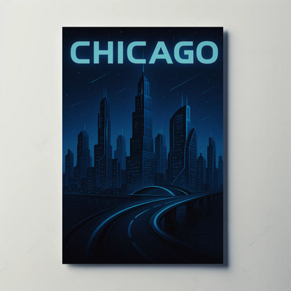 Chicago Futuristic Night Cityscape Blue Lights Travel Poster