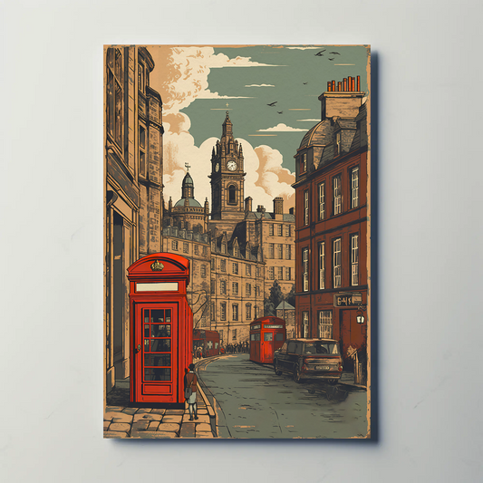 European City Clock Tower Phone Box Vintage Travel Poster