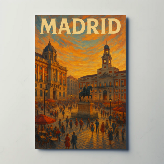 Madrid Plaza Evening Lights Travel Poster