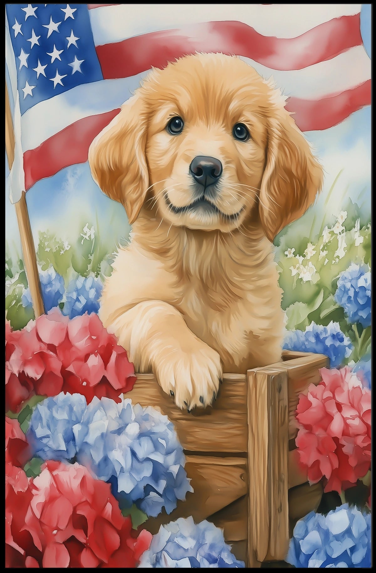 Golden Retriever Puppy In A Wagon With Flowers Poster