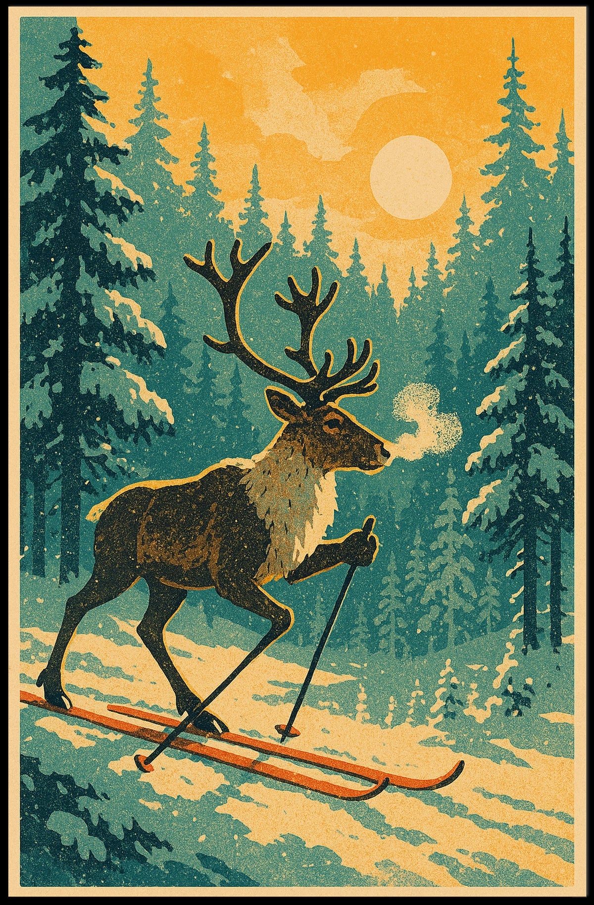 Skiing Reindeer In Winter Wonderland Poster