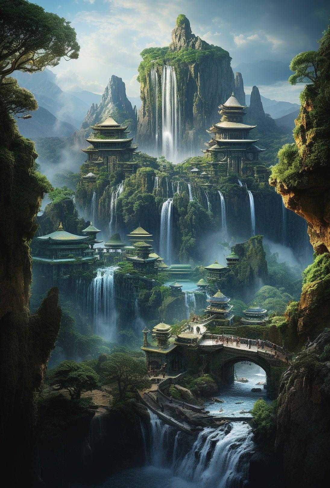 Fantasy Landscape with Pagodas and Waterfalls – Artistic Poster