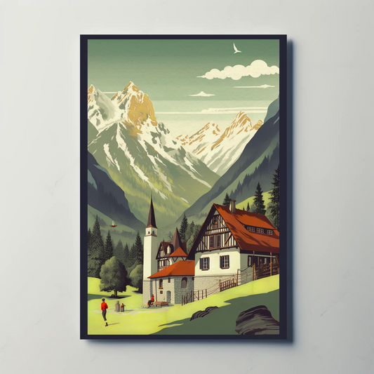 Alpine Village Beneath Snowy Mountain Peaks Travel Poster