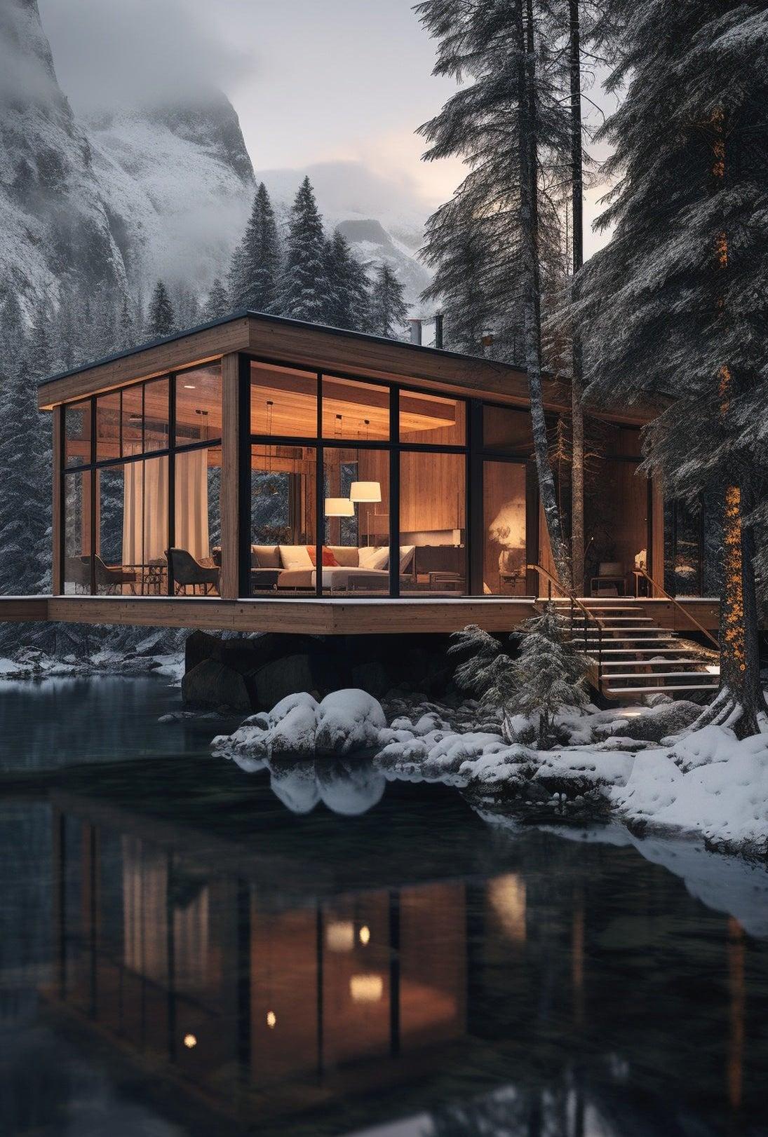 Cozy Winter Retreat in Forest Setting - Travel Poster