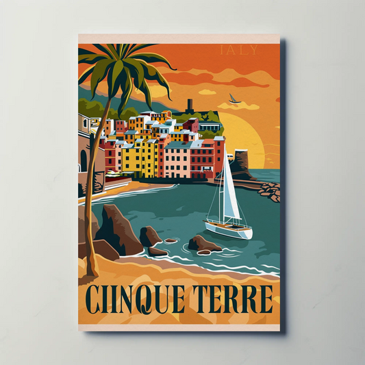 Cinque Terre Italy Vibrant Sunset Harbor Travel Poster