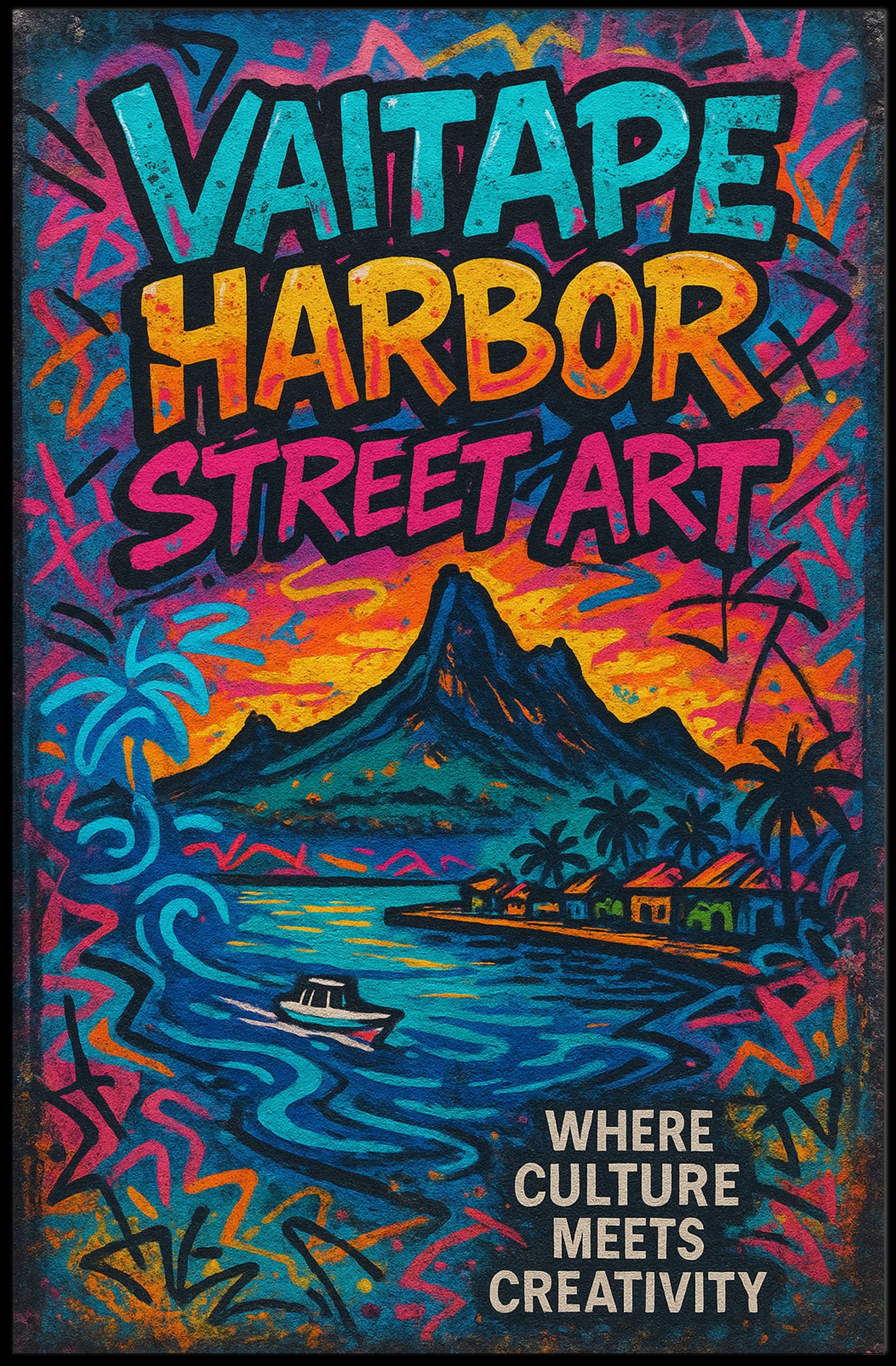 Vibrant Vaitape Harbor Street Art Poster - Cultural or Heritage Poster