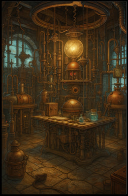 Steampunk Laboratory Mystery Exploration Poster