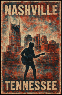 Nashville Guitar Silhouette Vintage Music Cityscape Rustic Texture Nostalgia Folk Art Poster