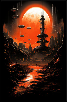 Futuristic Cityscape Under a Red Moon Poster