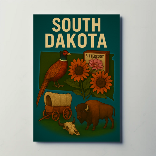 South Dakota Symbols Bison Wagon Pheasant Vintage Travel Poster